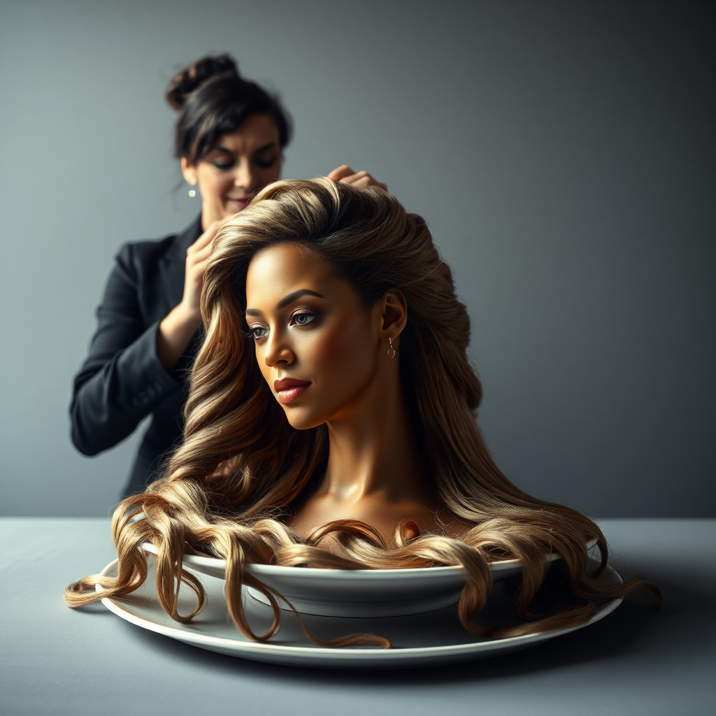 In a surreal and provocative scene, a beautifully tethered, disembodied head of Beyoncé rests gracefully on an elegant porcelain plate, her long, luxurious hair cascading like a waterfall of silky strands around the edges, creating a striking contrast against the stark, muted gray background. The sheen of her skin glows softly, exuding an air of ethereal beauty, while her chin rests delicately on the plate, poised and serene. Behind her, a skilled hairdresser, clad in chic black attire, stands with a focused expression, gently teasing and arranging her magnificent hair with nimble fingers, creating intricate patterns that defy gravity. The atmosphere is oddly intimate yet surreal, blending an appreciation of beauty with an unsettling twist, as soft light casts subtle shadows, enhancing the textures of both hair and porcelain. The air is filled with a quiet stillness, broken only by the subtle sound of the hairdresser’s scissors snipping rhythmically and the faint fragrance of hair products mingling with the cool air, heightening the unusual but captivating atmosphere of the scene.