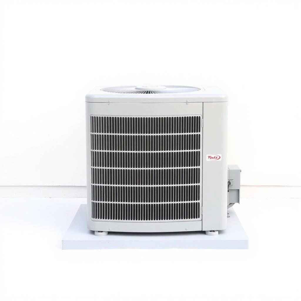 A simple, high-resolution, realistic photo of a standard residential outdoor air conditioning unit or condenser. The unit should be placed on a flat surface. The unit should be a neutral color. Plain, uncluttered background. No text.