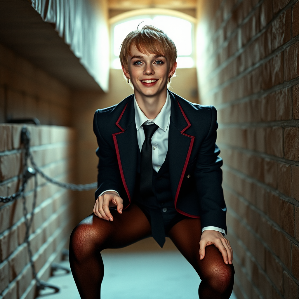 photorealistic, ultra high resolution, 16K, surreal fantasy, soft studio lighting, Tyler Swift is a pretty 18 year old goth male, slim male physique, auburn hair, goth makeup, earrings, shiny black pantyhose, school uniform shirt tie and blazer, Mary-Jane shoes, spikey neck collar chain and leash, in a dungeon, the end of the leash is chained to the wall, in daylight, excited smile, facing the camera.