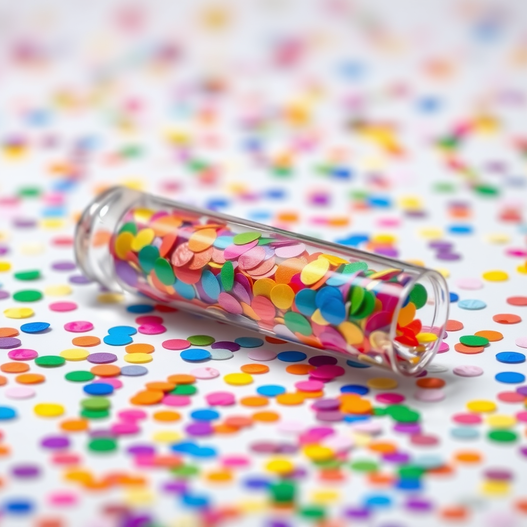 A photo of a glass fat transparent plain uniform confetti popper tube with colorful confetti inside, lying flat at an angle, with confetti around it, distant confetti blurred, reflections on the tube glass, tube closed from both ends.