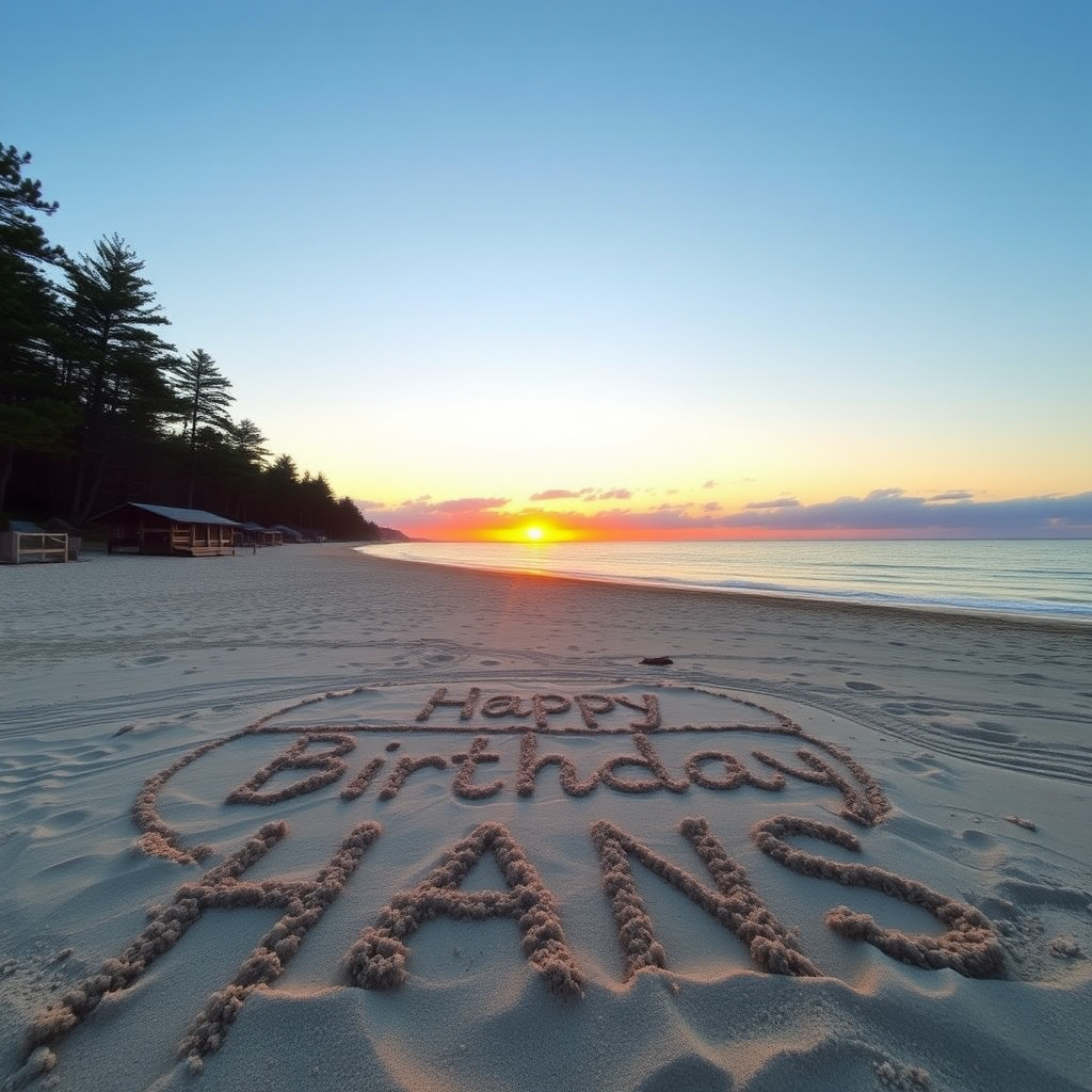 Beach with pines, bar and sunset. Sand spelling the words "Happy Birthday Hans"