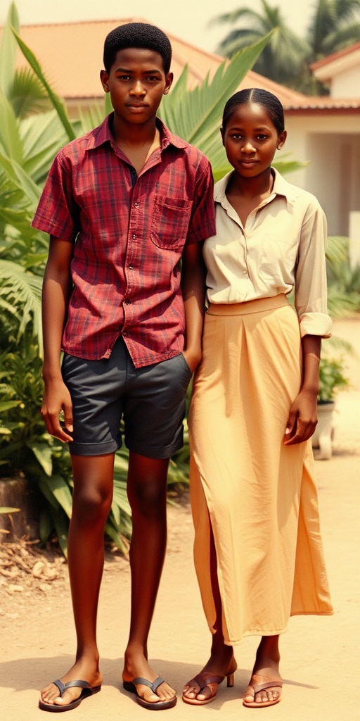 Vintage photo, 1980s. Hot summer. Nigeria. A tall skinny 13yo teen boy wearing short shirt, tight booty shorts, long legs, bare thighs. With a girl wearing shirt, long skirt. Full length view.