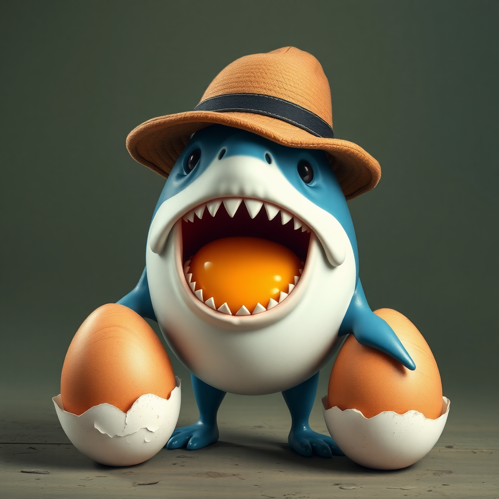 between two eggs a laughing shark with a hat.