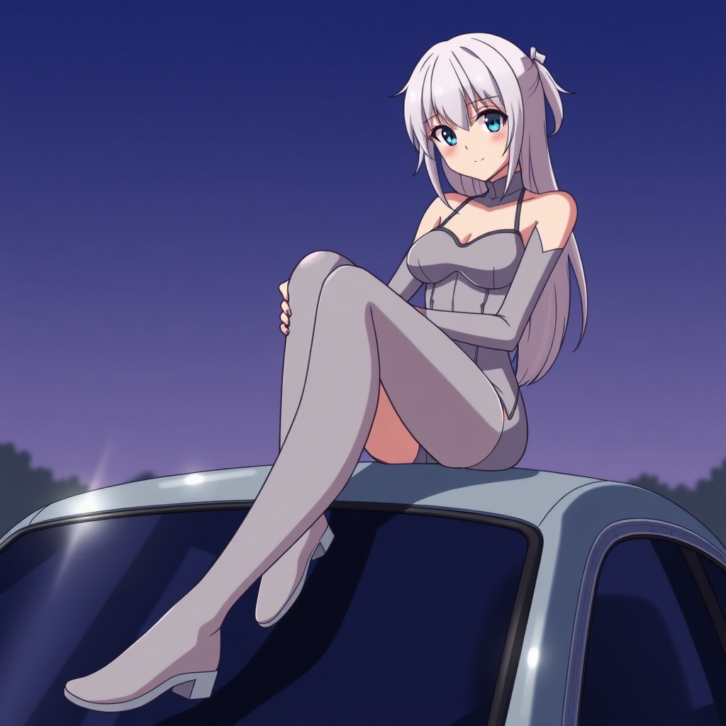 A anime drawing: A view of a one-piece tight-grey suit baddie-white girl with legs crossed, on top of a car.