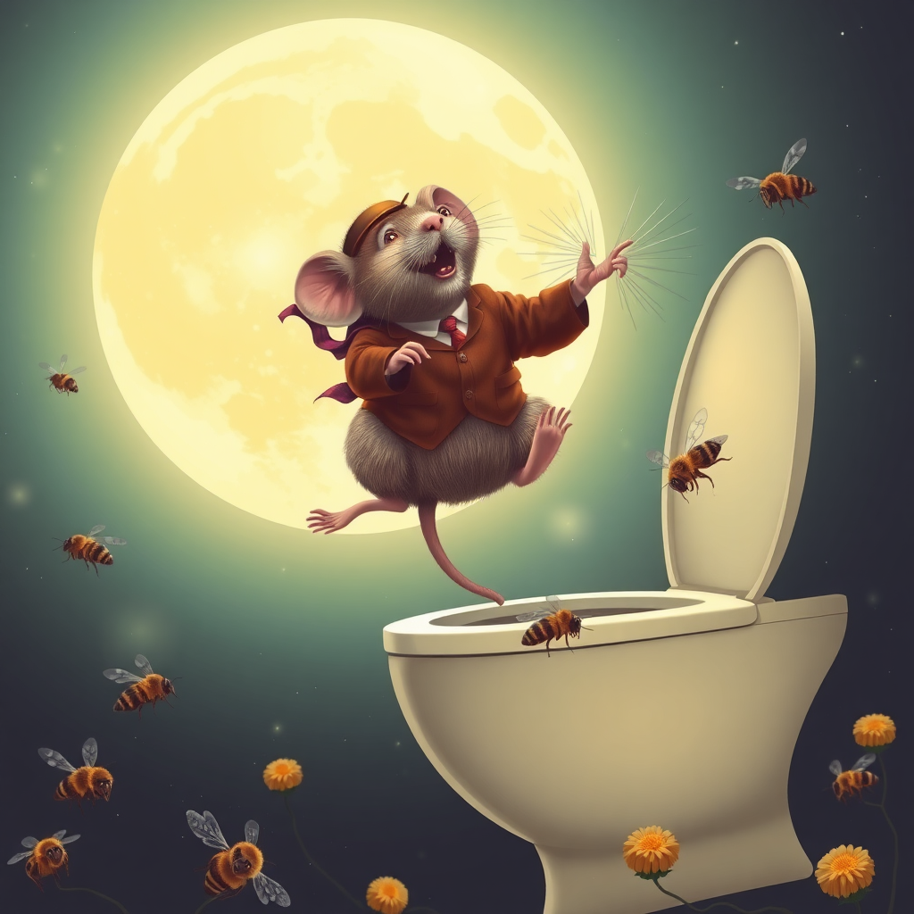 A rat politician diving off the moon into a toilet, bees, Mongolian