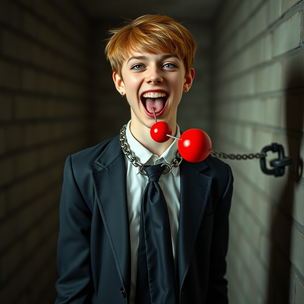 photorealistic, ultra high resolution, 16K, surreal fantasy, soft studio lighting, Tyler Swift is a pretty 18 year old goth male, slim male physique, auburn hair, goth makeup, earrings, shiny black pantyhose, school uniform shirt tie and blazer, Mary-Jane shoes, spikey neck collar chain and leash, red ball-gag, in a dungeon, the end of the leash is chained to the wall, in daylight, excited open mouth smile, drooling a stream of saliva, facing the camera.