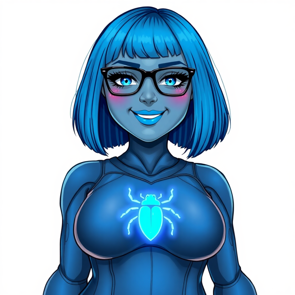 A 28-year-old, full-figured, middle gray metal skinned computer program-human hybrid with a maximum blue bob cut. She is the digital sidekick, computer hacker, and nerdy girlfriend of her cyberpunk vigilante boyfriend. Her middle gray metallic skin, distinct from any other character, highlights her digital nature. She wears maximum blue lipstick and has bright blue eyes. Her outfit includes an oversized digital maximum blue full bodysuit with a neon blue glowing chest icon of a beetle. Black eyeglasses accentuate her nerdiness, and she has a lovestruck smile with neon red blush. Her full figure, including a prominent, gargantuan, round midsection (with the full emphasis on her gargantuan belly), gigantic limbs, and broad shoulders, reflects the doting care of her vigilante boyfriend. The background is solid white. She is drawn as if she was in a retro 2D cyberpunk fighting game. Ensure her bodysuit covers all her bare skin (especially her round gargantuan belly). Her oversized bodysuit is influenced by DC's superheroine Jennifer Knight Phantom Lady but remains distinct.