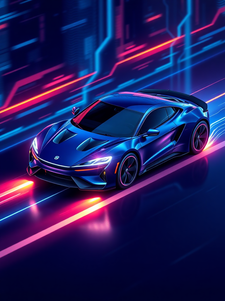 Please render the electric car racing in cyberspace in a realistic 3D manner. Make the background cyber-like and express it with a sense of speed with the "electric spark". Make the overall color dark blue. Draw it with a neon sign feel in an isometric view.