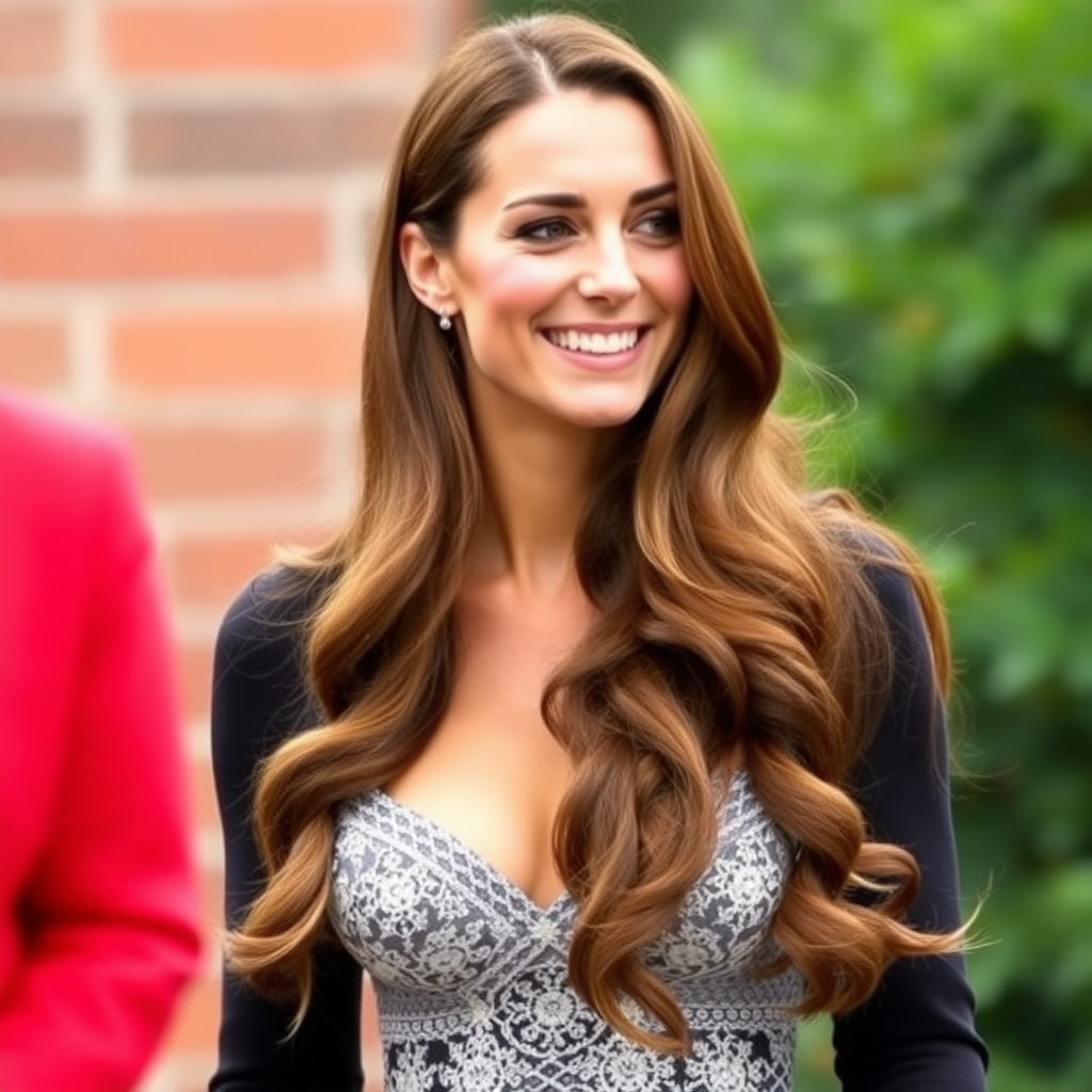 Beautiful very long haired Kate Middleton wearing a bra weaved from her long hair.