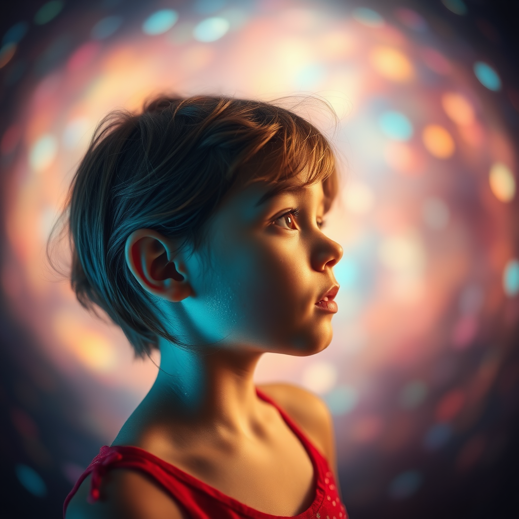 young preteen girl in profile, dreamscape, nebula, Bokeh, abstract, brilliant colors, glittering, translucent, mother of pearl, opal, iridescent, natural skin, glowing, artistic photo, wide angle, cute, interesting, microscopy, underwater, airy