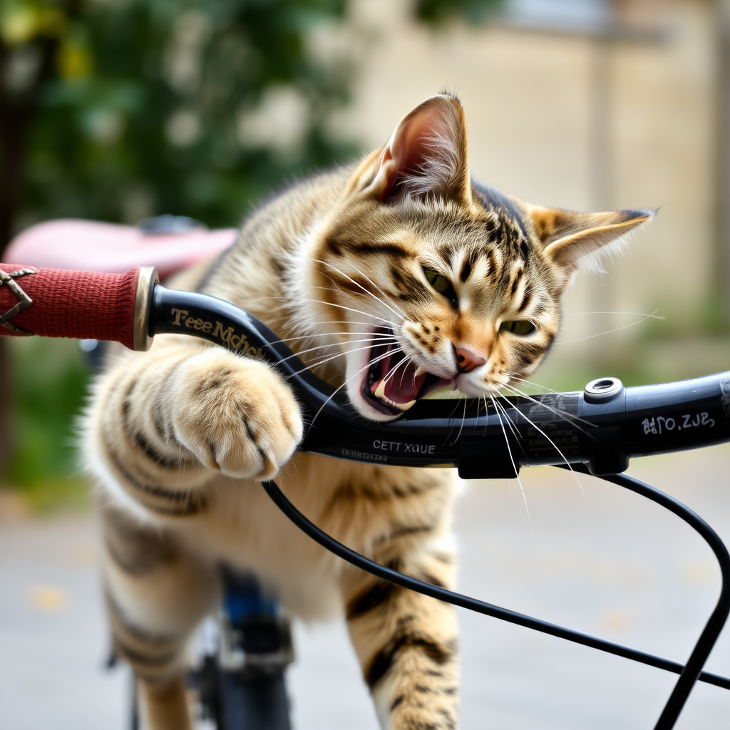 cat biting bicycle