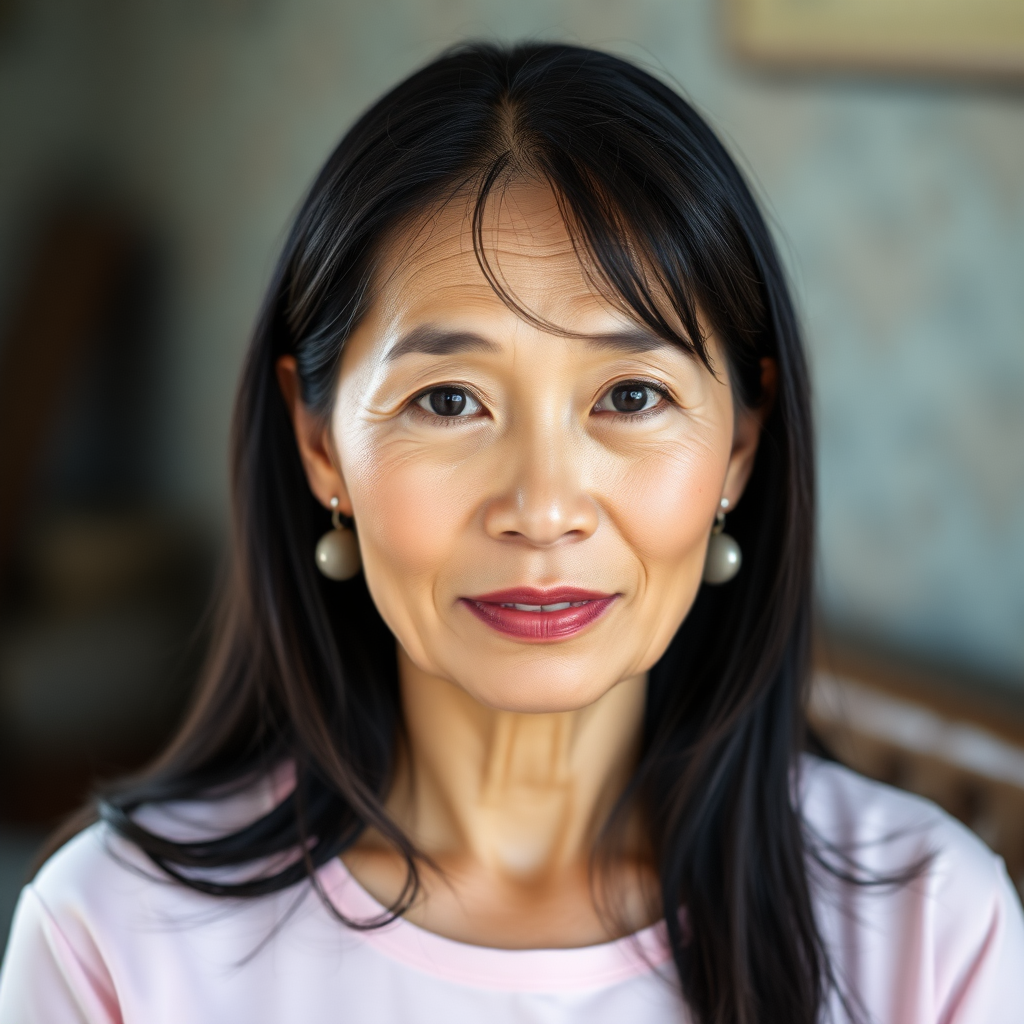 A young-at-heart, 60-year-old Thai woman with long, jet-black hair and very Asian almond eyes