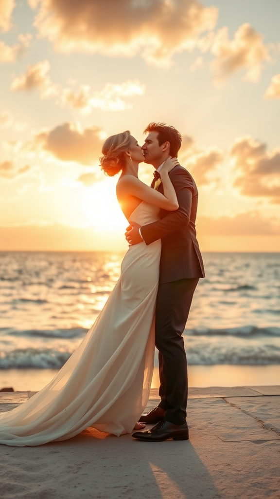 In the background, Nicole Kidman and Tom Cruise elegantly dressed, she heels and he patent leather shoes, he passionately kisses the bride, in the background the sea with a beautiful beach, sunset sky with the sun's rays with clouds. 16K ultra-high definition