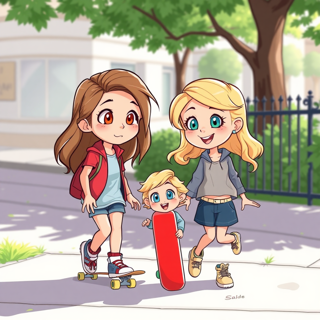 Two cartoon sisters, one a teen with light brown hair and hazel eyes and the other a smaller kid with blonde hair and blue eyes, playing with a skateboard on a sidewalk.