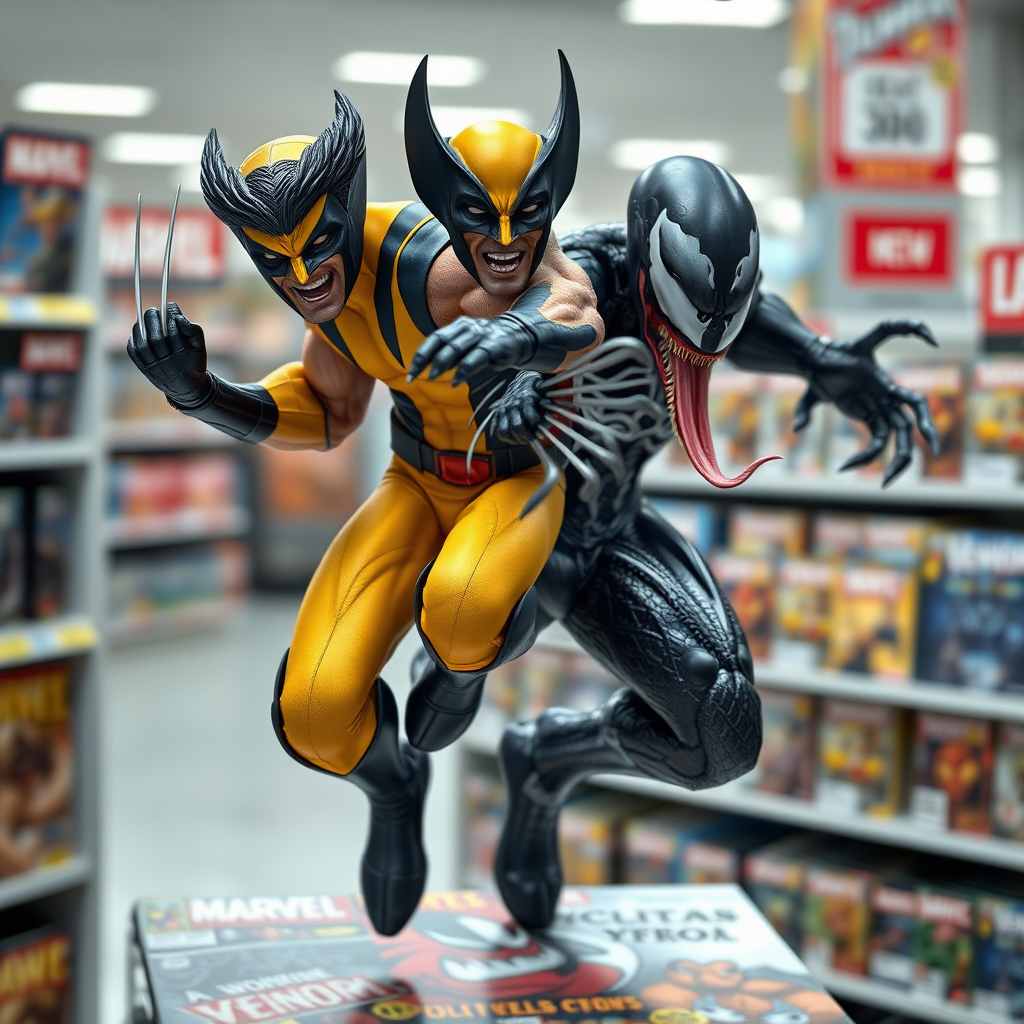 Jumping out of a Comic book cover on a store shelf is Wolverine and Venom with in Cinematic Real3D photo-realistic quality.