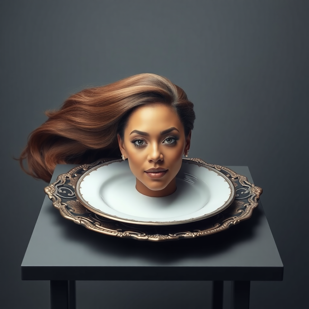 In a surreal and striking scene, the elegantly styled disembodied head of a stunningly beautiful Beyoncé rests gracefully on an ornate, luxurious plate, which is carefully placed on a simple, understated table. Her very long, flowing hair cascades like a rich waterfall of silky, rich brown locks, framing her exquisite face and accentuating her radiant, flawlessly glowing skin. The delicate contours of her chin rest lightly against the polished surface of the plate, lending an unexpected intimacy to the bizarre presentation.

The background is a muted, plain gray, casting an air of modern minimalism that contrasts dramatically with the lavishness of her appearance. Soft shadows play across her features, highlighting the subtle high cheekbones and perfectly shaped lips, which seem poised for a soft smile. The atmosphere feels both elegant and eerie, inviting intrigue and contemplation as viewers are drawn into this surreal artistic tableau, where beauty and the absurd collide in unexpected harmony.