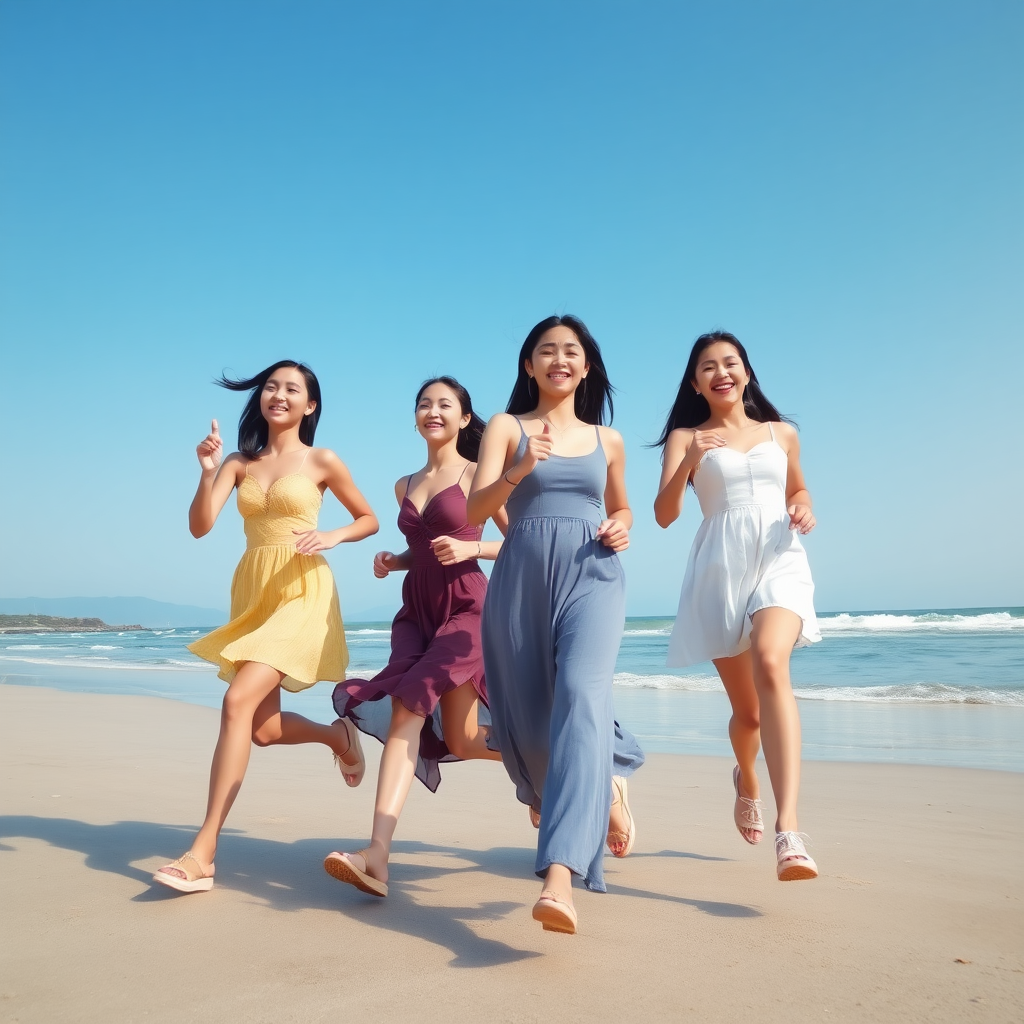 four asian girls with gorgeous face, wearing shoes, run, white skin, tall, straight hair, selfie, beach, dress