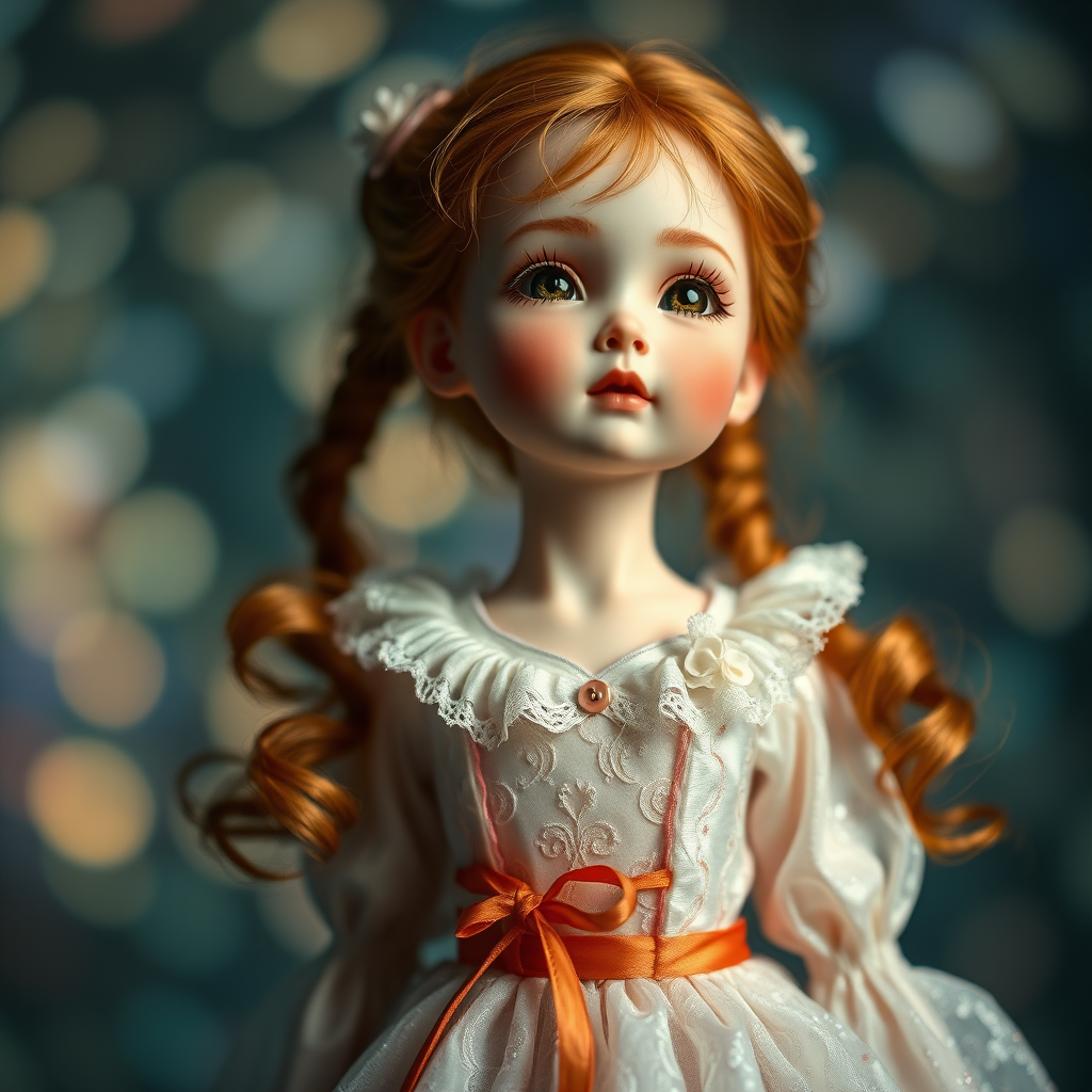 preteen artists doll, full body, bisque porcelain doll, genuine collectors doll, ginger girl, dreaming, Bokeh, abstract, brilliant colors, glittering, translucent, mother of pearl, opal, iridescent, natural skin, glowing, artistic photo, wide angle, cute, interesting, Victorian dress, wuxia movie