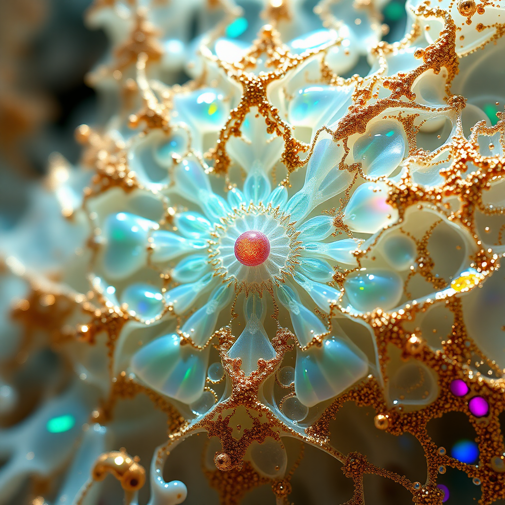 under water, abstract, mandelbulb fractal, sacred geometry, ultra-detailed, dynamic composition, artistic photograph, fractal, brilliant colors, glittering, transparency, translucent, opal, gold, romanticism, sharp focus, floral, mother of pearl, iridescent