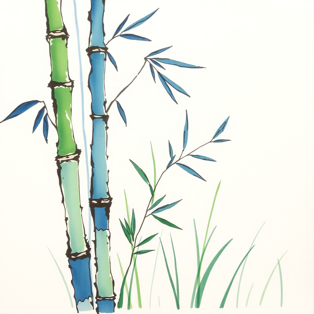 Simple drawing, bamboo, ink and wash, blue and green grass.