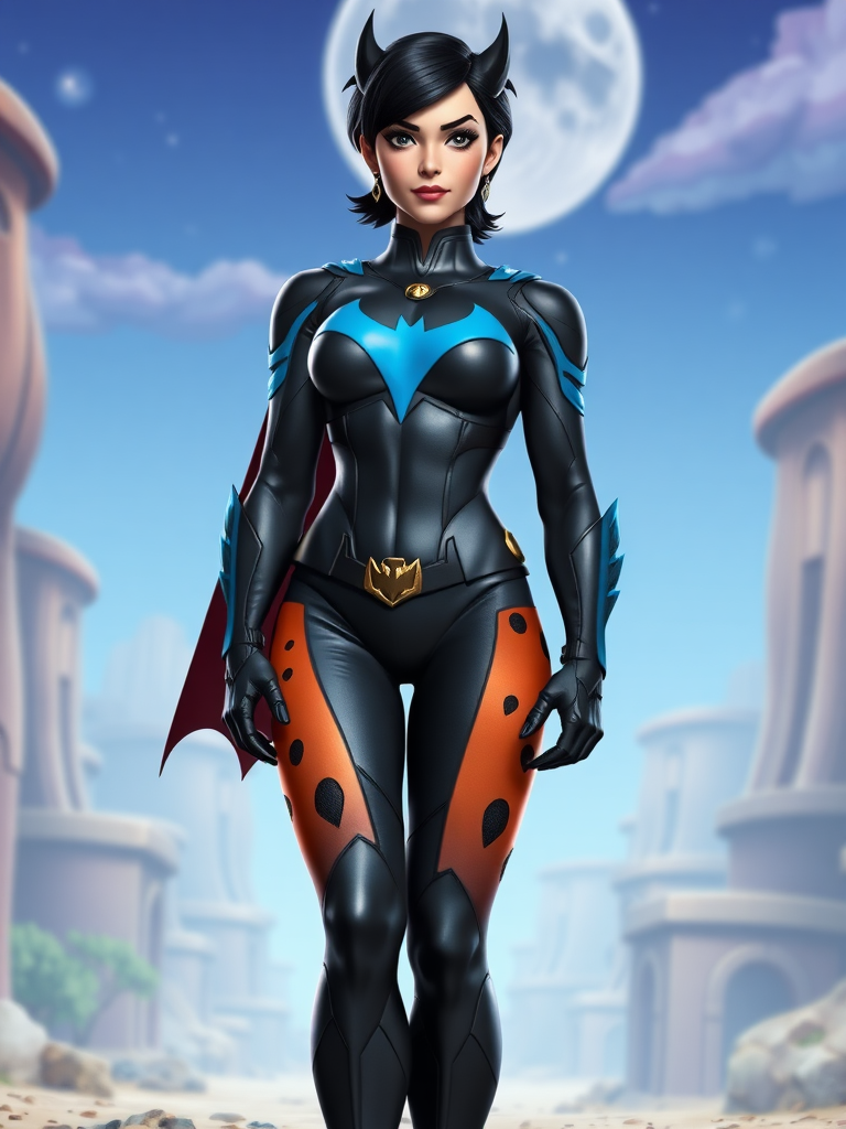 Generate a full-length rendered image of Nightwing featuring the female figure of Wilma Flintstone as the body. Retain Nightwing's head, hairstyle, and facial features intact. Adapt Nightwing's costume, integrating embellishments from Wilma's outfit, ensuring the design fits the new proportions. Create a unique background, drawing inspiration from both characters’ worlds, blending elements characteristic of Nightwing's Gotham and the vibrant, prehistoric setting of the Flintstones.