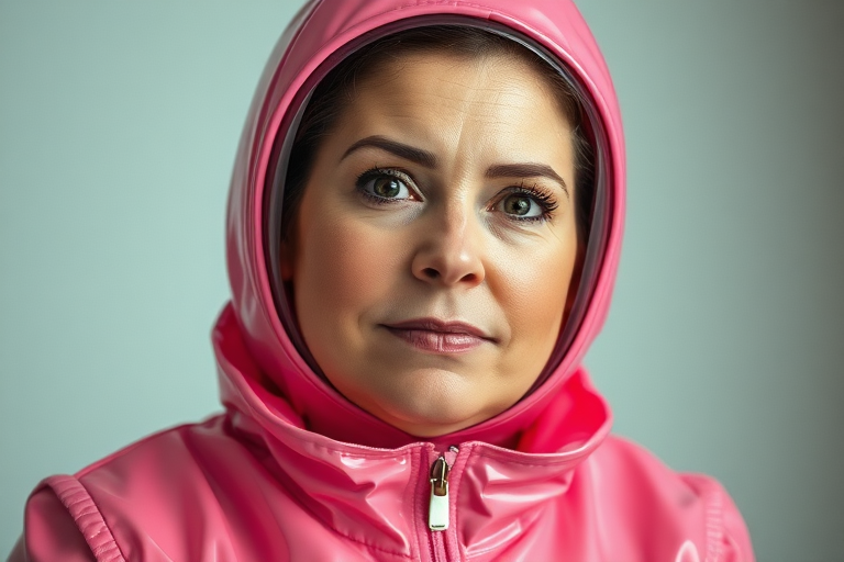 35 year old woman, fat face, pink pvc suit