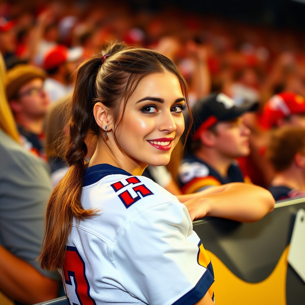 Female NFL fan, hot, pigtail hair, jersey, cheering, looking at camera, leaning over barrier, inside front row crowd, TV camera angle shot