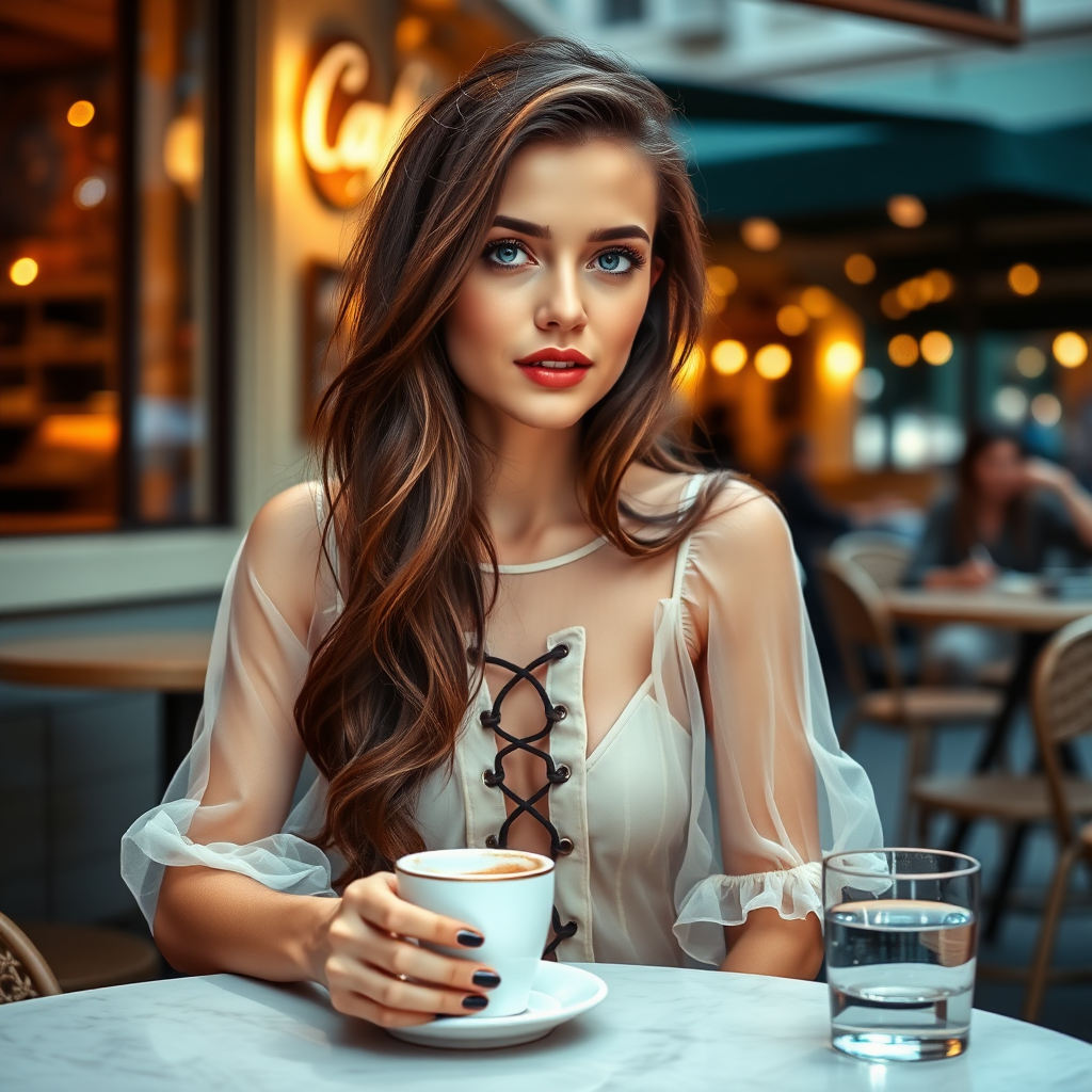 A young woman with brunette hair and pale blue eyes, wearing a translucent dress and lace-up high heels. She is sitting in front of a café at a table, with a cup of steaming coffee and a small glass of water on the table. An interested look. Late evening. Photo.