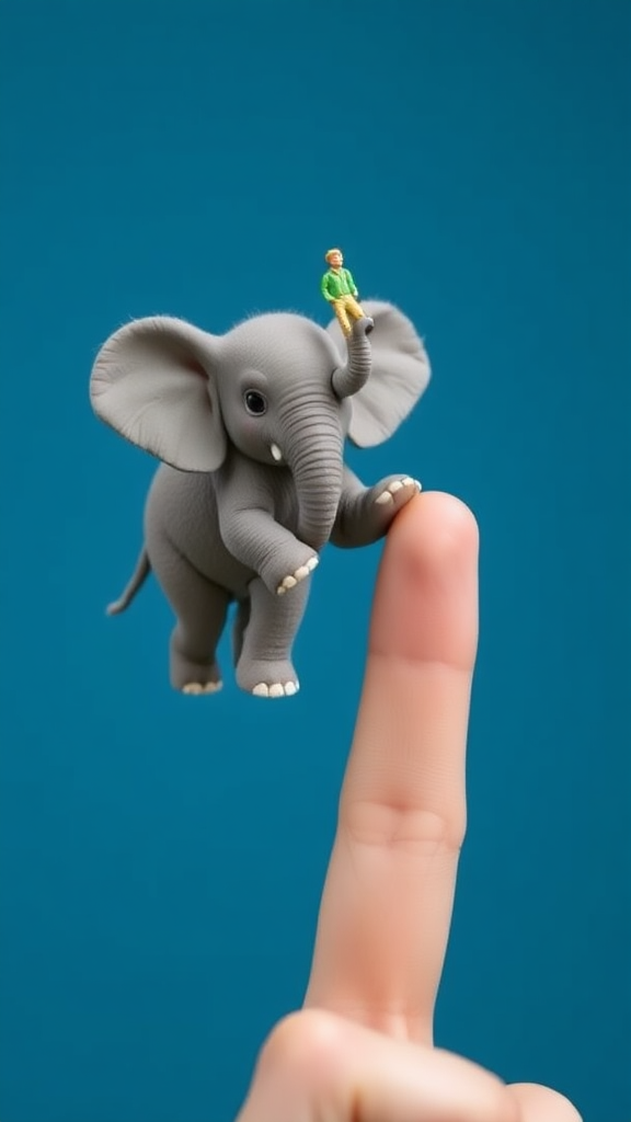 A cute tiny elephant holding a man in two fingers.