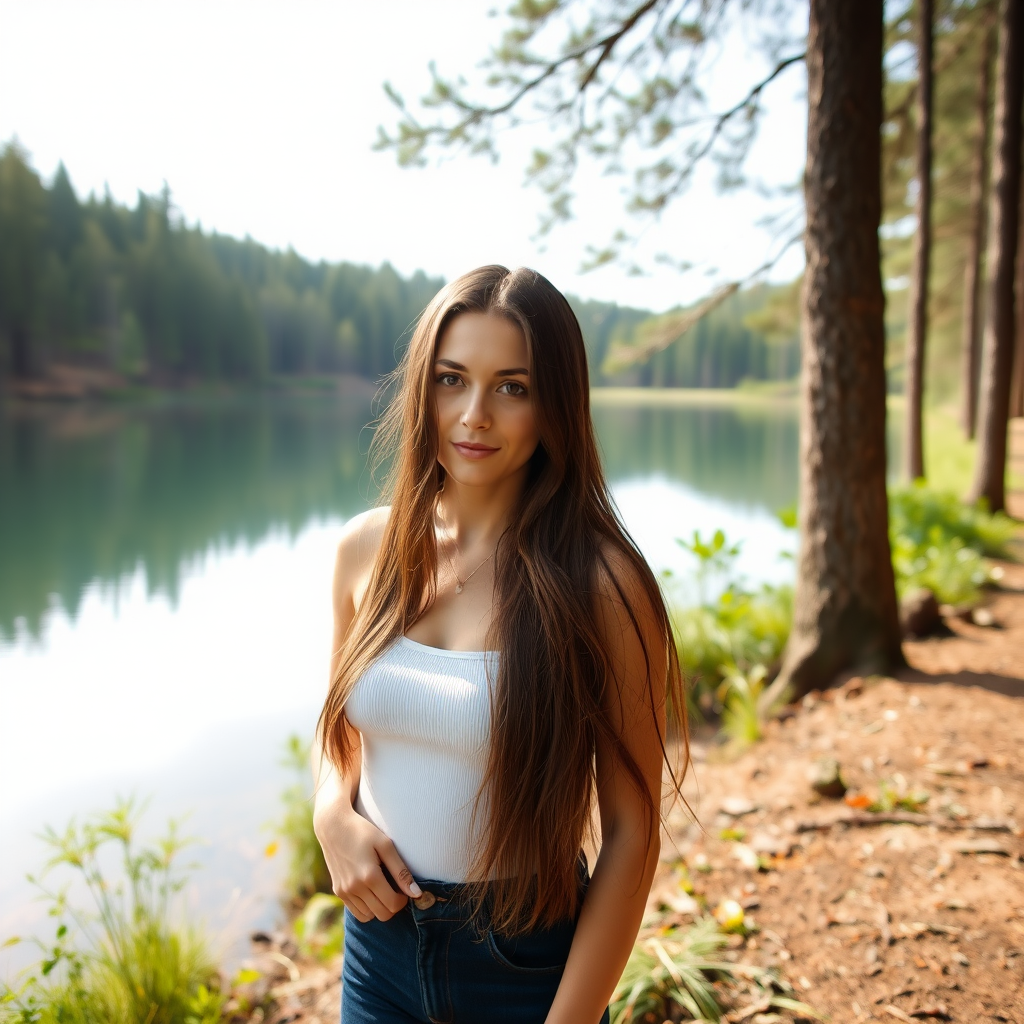 a young woman posing next to a lake in a forest. long brunette hair. photo