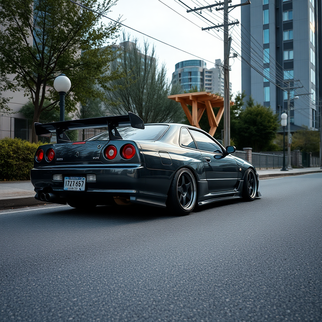 the car is parked on the side of the road, inspired by Taiyō Matsumoto, tumblr, restomod, nd4, c4 metallic shine nissan skyline r34 kalabalik tokyo gece arkaplan