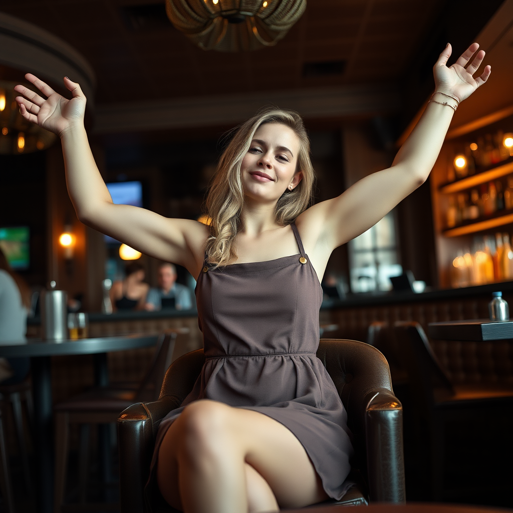 a nordic girl in a short dress sitting in a lounge bar, raising her arms to show armpits, camera angle from below