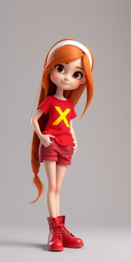 3D ANIMATION LIKE PIXAR A GIRL, 20 YEARS OLD, LONG RED HAIR, WHITE HEADBAND, RED T-SHIRT WITH WORD "X" ON IT IN YELLOW, RED SHORT PANTS, RED BOOT