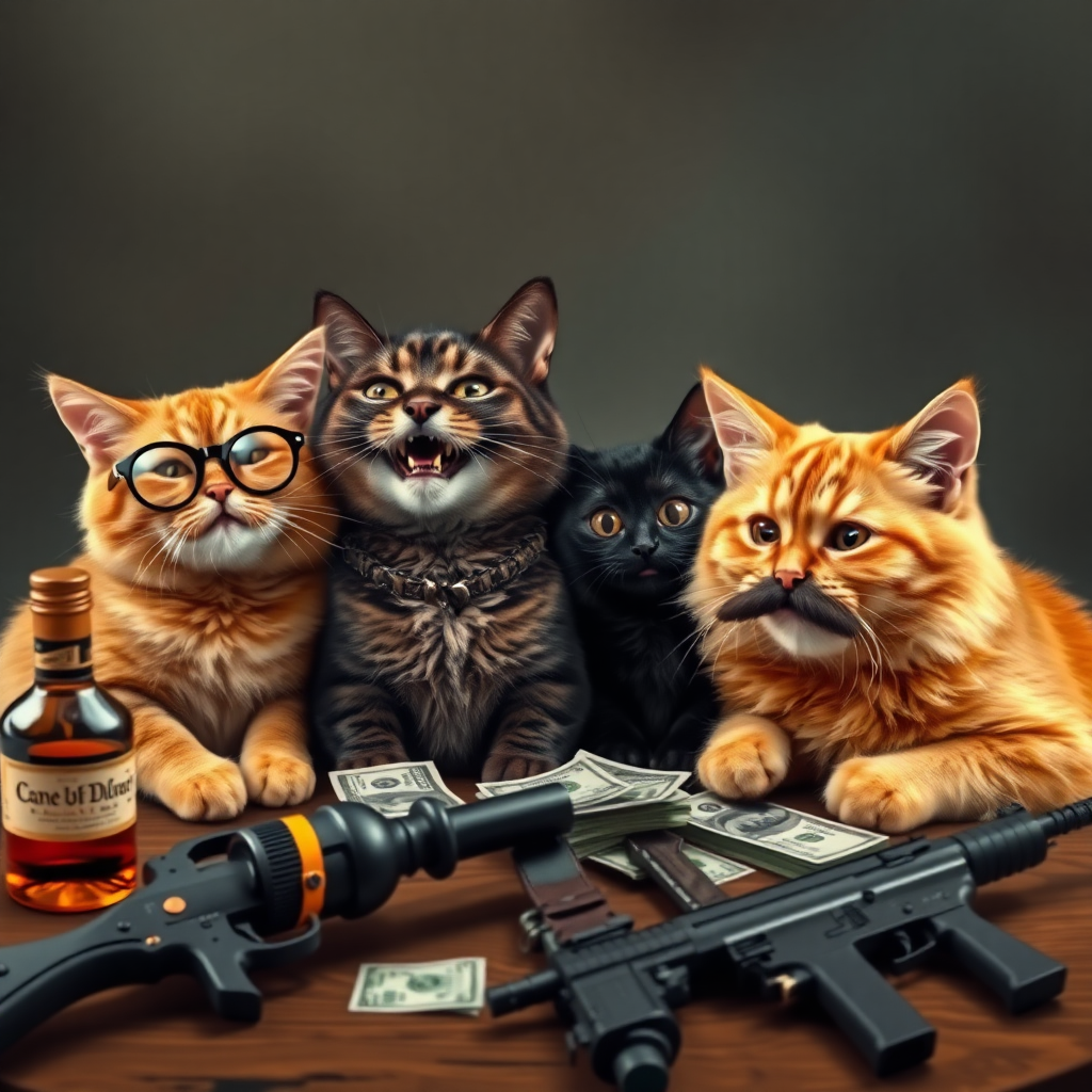 4 cats, one brown with half-round glasses, a dark brown with a collar and gold teeth, a small black one with earrings, and an orange one with an Adolf Hitler mustache, all laughing together around a table with alcohol, bills, and realistic weapons.