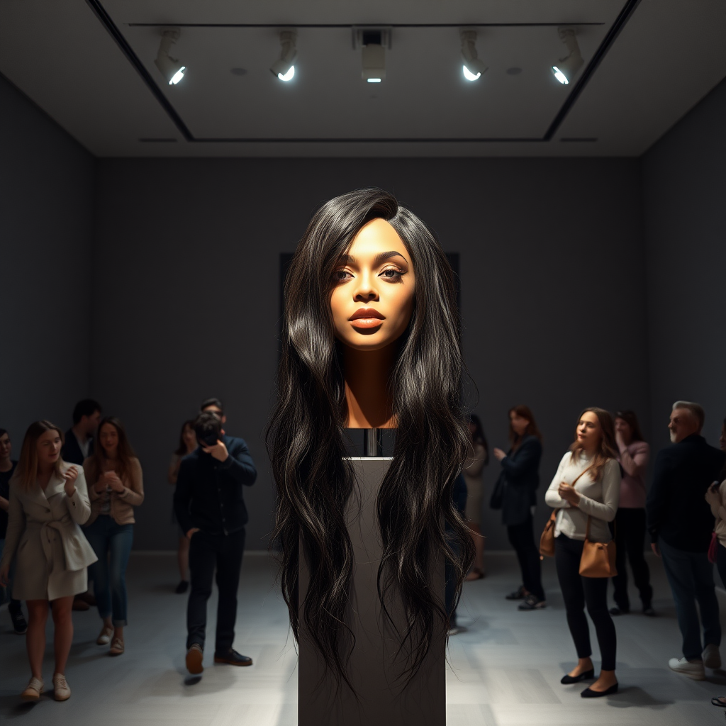 In an enchanting art gallery, a mesmerizing interactive performance art exhibit unfolds, highlighting the stunningly beautiful, very long-haired disembodied head of Beyoncé, elegantly showcased atop a sleek, polished stand. The room is brightly lit, with soft, focused spotlights illuminating her radiant features, accentuating her glossy, flowing hair that cascades down like a waterfall of dark silk. The backdrop is a minimalist, plain gray canvas that expertly contrasts with the vibrant strands of her hair, drawing every eye to the captivating spectacle.

Visitors meander through the space, their fingers twitching with excitement as they gingerly reach out to stroke and style her luxurious locks. The atmosphere buzzes with anticipation and playful fascination, as hushed whispers of admiration ripple through the crowd. Every graceful movement within the gallery is accompanied by a soft rustling of hair as people explore the tactile delight of this extraordinary centerpiece, creating a blend of art and intimacy. The air is alive with a sense of wonder and curiosity, inviting each participant to engage in a whimsical dance of interaction and creativity amidst this unconventional celebration of beauty and artistry.