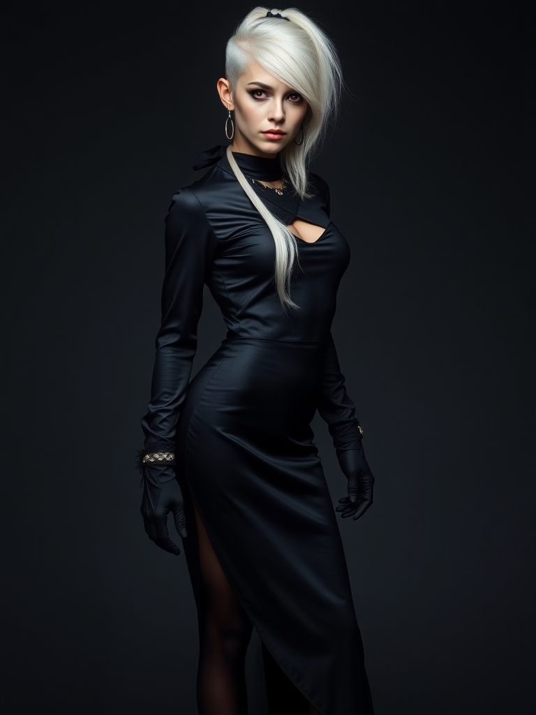 mature adult woman, skinny and tall, long legs, large shoulders, teardrop saggy small breast, long asymmetric undercut layered white hair, side swept bang, long white ponytail tied with a black lace, beautiful detailed face, piercing red eyes with intricate iris details, looking at the camera with a serious expression, wearing gothic style, black silk long sleeve top, black silk long skirt, black pantyhose, black gloves, black ankle boots, standing in a fierce pose with her head held high