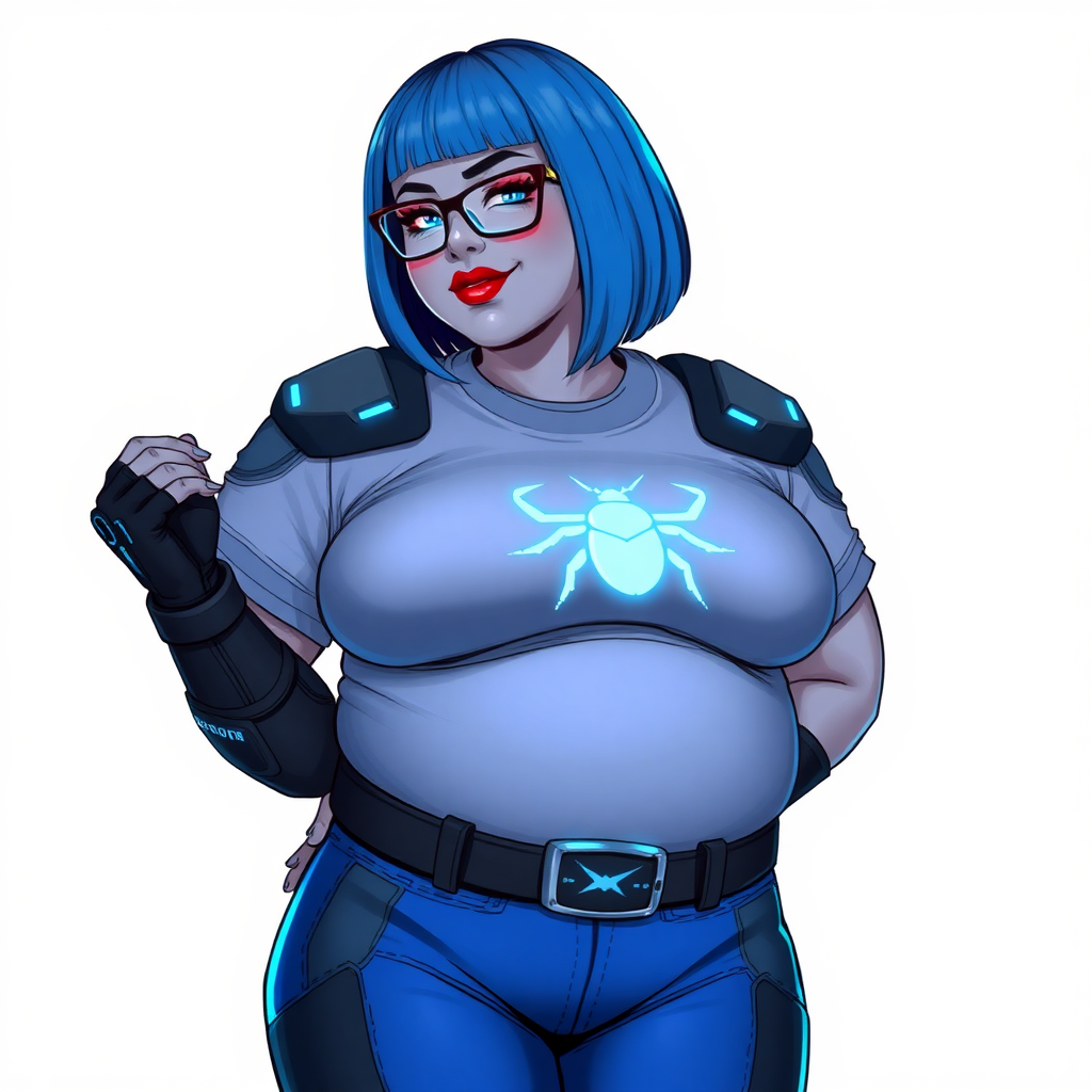 A 28-year-old, full-figured, middle gray skinned computer program hybrid with a maximum blue bob cut. She has a non-athletic build, highlighted by a prominent, round, large midsection (with emphasis on her large belly), which shows the aftermath of her pampering. As the heavily pampered digital sidekick to her cyberpunk vigilante boyfriend, her middle gray metallic skin and maximum blue lipstick emphasize her digital nature. She wears a digital, computerized costume inspired by DC’s Carrie Kelly Robin, consisting of a huge, tight-fitting, maximum blue t-shirt with a neon blue glowing chest icon of a beetle, hi-tech shoulder pads with neon blue accents, a black hi-tech belt with a digital neon blue glowing buckle, digital maximum blue pants with neon blue accents, and black hi-tech fingerless biker gloves with neon blue glowing accents. Her neon blue glowing eyes, black eyeglasses with a neon blue glowing HUD built into the lenses, and shy smile with neon red blush accentuate her nerdiness. She stands bashfully with one hand behind her back and the other hand gently touching her cheek, her costume covering all her skin and emphasizing her full-figured physique (especially her belly). She is clearly non-athletic, with a heavy focus on her large belly. Despite her build, she radiates beauty. She has a slim face compared to her physique, accentuating her radiant beauty. She is on a solid white background. She is drawn as if she were in a retro 2D cyberpunk fighting game.