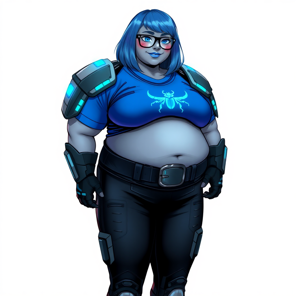 A 28-year-old, full-figured, middle gray skinned computer program hybrid with a maximum blue bob cut. She has a non-athletic build, highlighted by a prominent, round, large midsection (with heavy emphasis on her belly). As a digital sidekick, computer hacker, and nerdy girlfriend to her cyberpunk vigilante boyfriend, her middle gray metallic skin and maximum blue lipstick emphasize her digital nature. She wears a digital, computerized costume consisting of a gargantuan, tight-fitting, maximum blue t-shirt with a neon blue beetle chest icon, hi-tech shoulder pads with neon blue accents, a black belt with a digital neon blue glowing beetle buckle, black biker pants with neon blue glowing accents, and black hi-tech gloves with neon blue glowing accents. Her bright blue eyes, black eyeglasses, and lovestruck smile with neon red blush accentuate her nerdiness. She stands bashfully with her hands behind her back, her costume covering all her skin and emphasizing her full-figured physique (especially her belly). She is clearly non-athletic, with a focus on her full-figured physique. Despite her build, she radiates beauty. She is on a solid white background. She is drawn as if she was in a retro 2D cyberpunk fighting game.