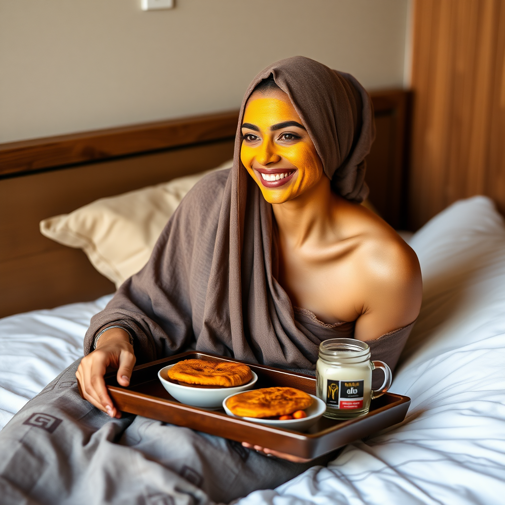 slim, 30 year old, sexy, indian wife, scarf head, turmeric face mask. She is smiling and serving breakfast on a tray on bedside table