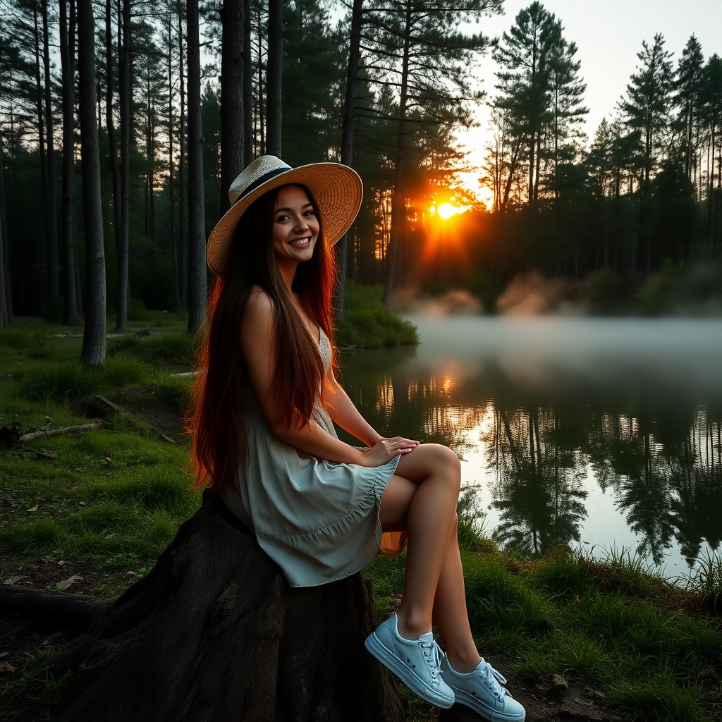 a young woman sitting on a trunk next to a lake in a forest. long brunette hair. she is wearing a dress, sneakers, and a wide straw hat. enjoying the sight with a smile. the sinking sun is falling through the trees. a little fog is rising from the lake. light like in a fairy tale, a bit mystic. photo