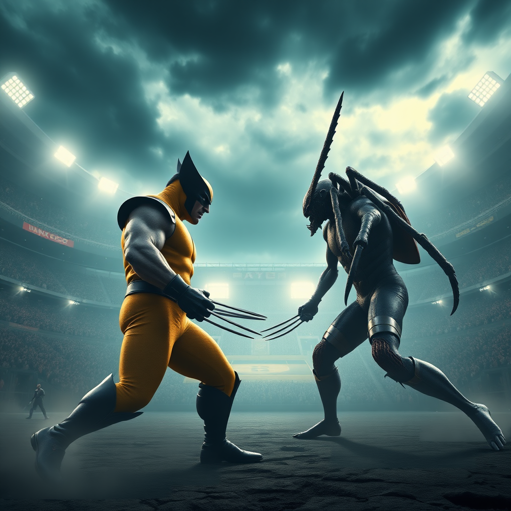 In the center of a vast stadium, Wolverine faces off in a fierce battle with the tick. The 3D rendered image is stunningly photorealistic, every detail brought vividly to life. A magical, ethereal glow surrounds the scene, casting intricate dramatic shadows on the combatants beneath a stormy sky. The impeccable quality of the rendering immerses viewers in the epic clash between these legendary figures, creating a truly mesmerizing visual experience.