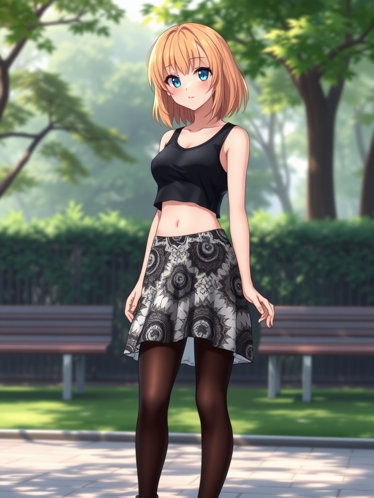 Anime art full body image of a young woman, medium blonde hair, a black, sleeveless crop top that reveals the woman's midriff and a high-waisted, patterned mini skirt that showcases a mix of black and white colors. She is also wearing black sheer tights and black sneakers with white laces. Park background