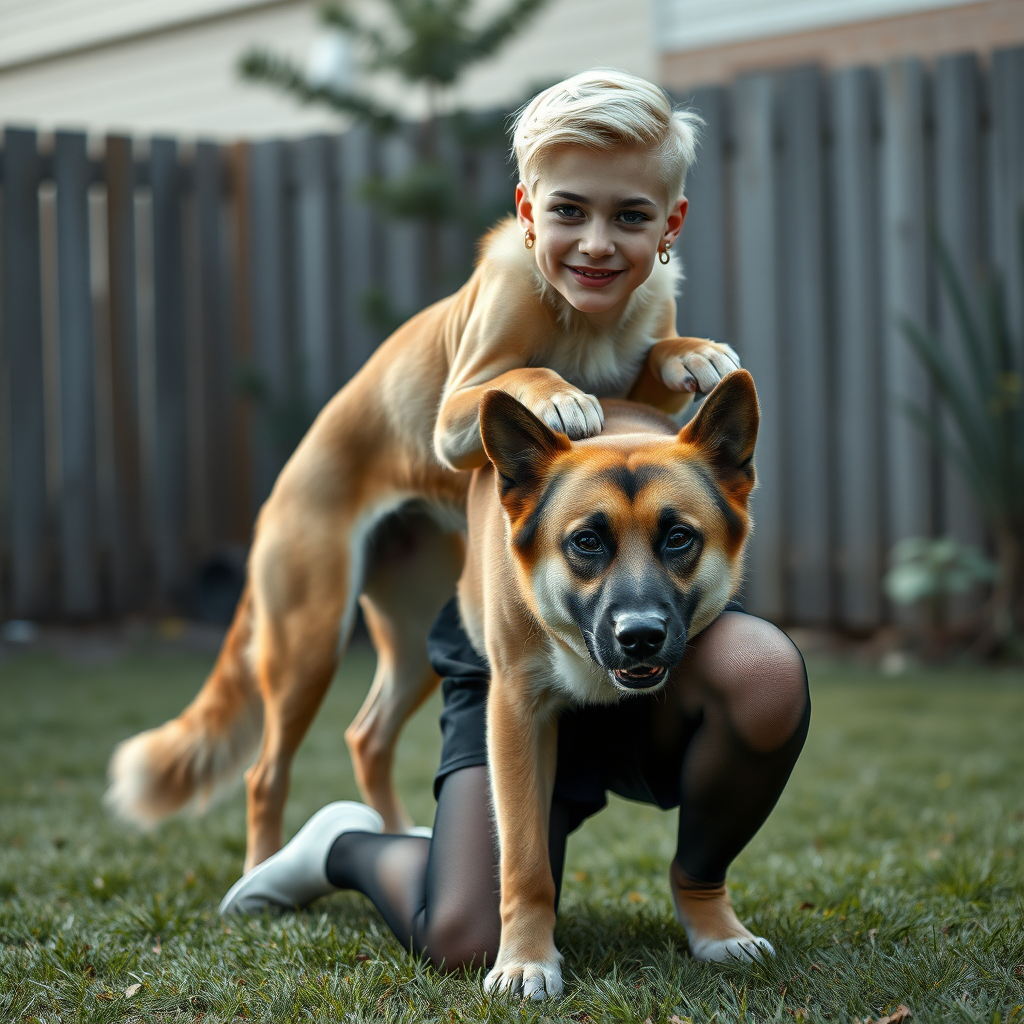 photorealistic, ultra high resolution, 16K, surreal fantasy, studio lighting, a pretty 16 year old goth male, slim male physique, short blonde hair, goth makeup, earrings, pantyhose, white ballet shoes, playing with his large dog in the yard - he is kneeling forward, while the dog stands up behind him and rests its paws on the boys shoulders, excited smile, facing the camera.