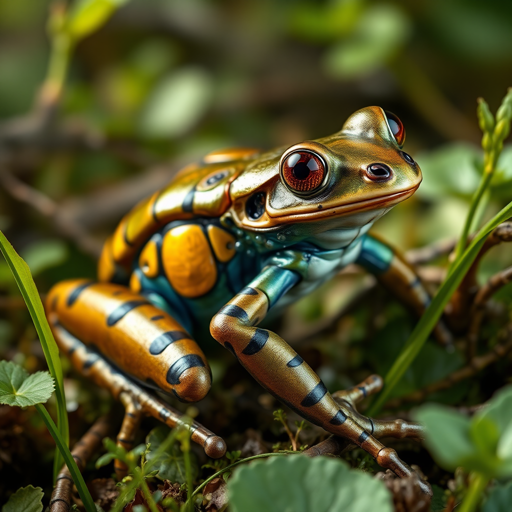 Render a full-length, highly detailed image of a frog transformed into a creature with a horsefly's body structure. The frog should feature a segmented body shape decorated with a shiny exoskeleton instead of traditional skin. Emphasize the vibrant colors and intricate textures of the exoskeleton while retaining distinct amphibian features, like large expressive eyes. The scene should capture it in its natural habitat, emulating the style of award-winning wildlife photography, with sharp contrasts, natural lighting, and exceptional detail, surrounded by lush vegetation that accentuates this unique hybrid creature.