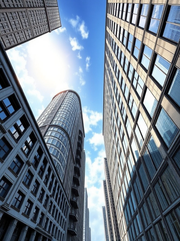 Draw it like a realistic image, depicting a viewpoint looking at the sky between tall buildings, with a structure where the tall buildings appear rounded. The sky should be illustrated as a dramatic scene where sunlight is coming through.