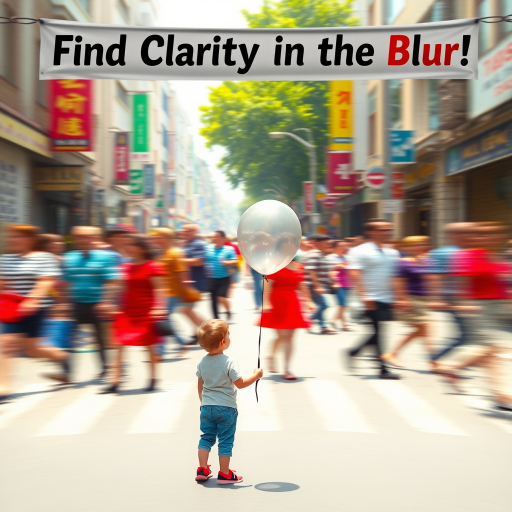 An imaginative scene of a busy street with people moving quickly, their forms becoming indistinct blurs, while a child stands still, holding a clear balloon that contrasts with the chaos, and a banner overhead reads, "Find Clarity in the Blur!"