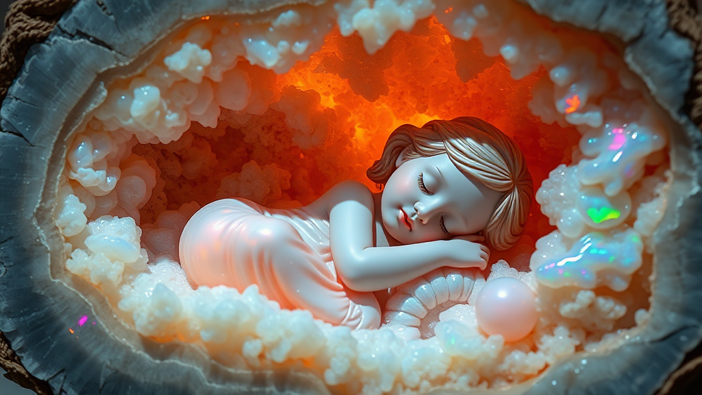 statue of a young girl made of opal sleeping in a geode, high quality photo, intricate environment, ultra-detailed, impressionistic, dynamic composition, artistic photograph, geode, alabaster, fractal, brilliant colors, glittering, sunlight, illumination, transparency, translucent, opal