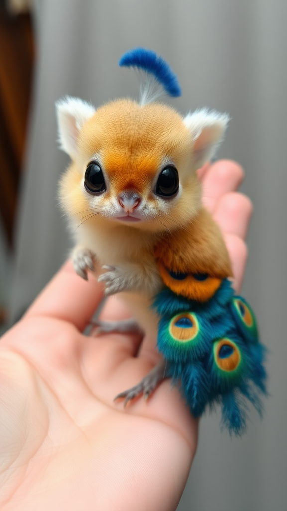 A small tiny cute chubby big eyes big perfect tail real blue dancing peacock with tail on hand