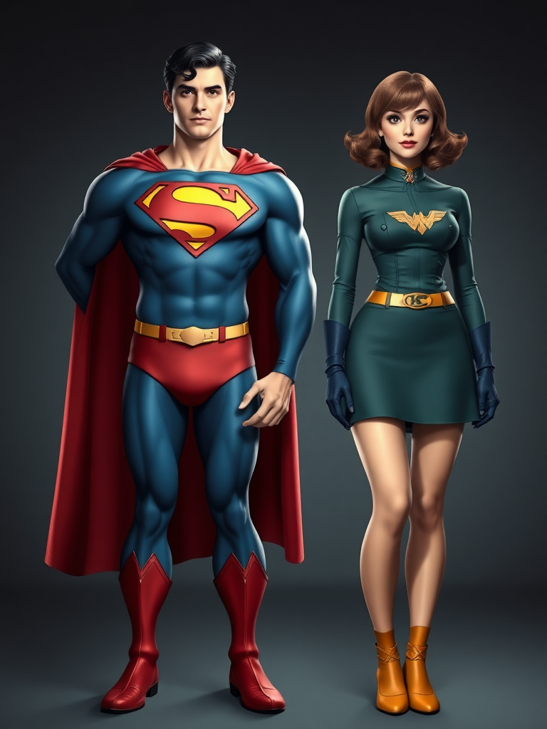 Generate a full-length image of Superman with the body attributes of Velma Dinkley, including her height, frame, and shape. Incorporate embellishments and costume elements from Velma’s outfit to create a unique blend. The background should be an appropriate setting that suits both Superman and Velma’s worlds.