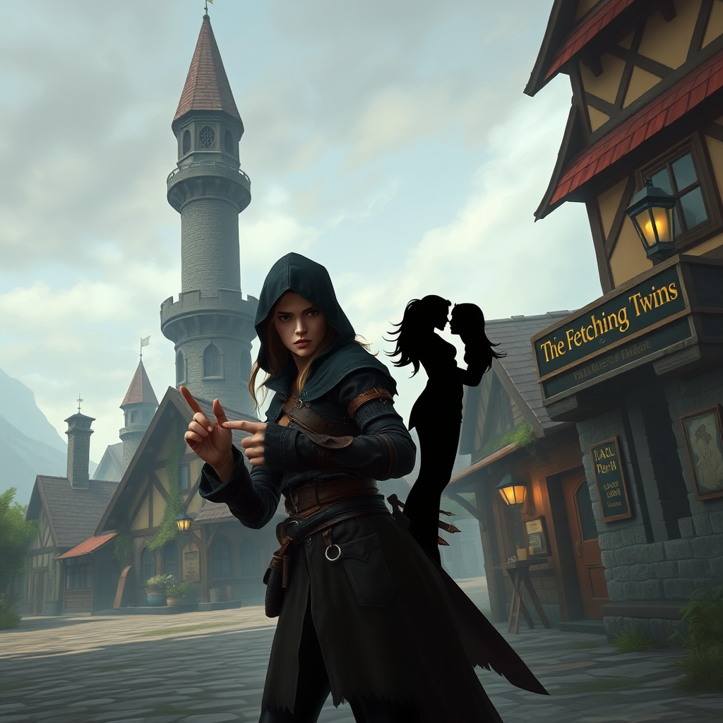 A wide distance shot of a female thief in a fantasy village. She is making a rude gesture towards someone. Mage tower in the background. Bar called "The Fetching Twins" nearby with a silhouette of two women leaning together for a kiss.